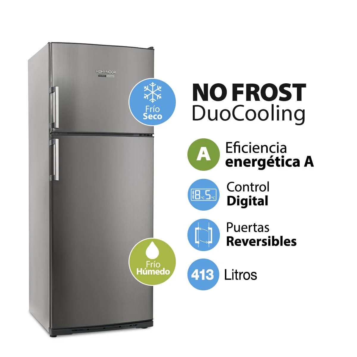 Heladera NO FROST DuoCooling con Freezer Arriba 413 Lts. Color Acero KHDA41D/8